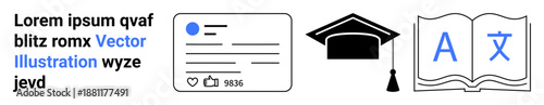 Online education, social media, graduation, language learning, digital communication, academic success. Social media post, graduation cap open book with language symbols. Online education and social