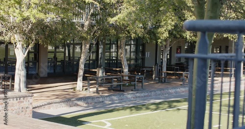Camera is panning right, revealing picnic tables in school courtyard and empty turf for lunch