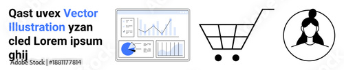Dashboard with charts and graphs, shopping cart icon, and user profile avatar. Ideal for data analytics, e-commerce, user experience, retail marketing, digital tools, consumer insights simple