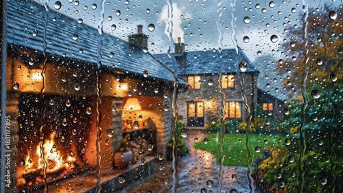 Rainy cottage scene cozy warm fireplace with water drops on the glass creating a peaceful autumn mood