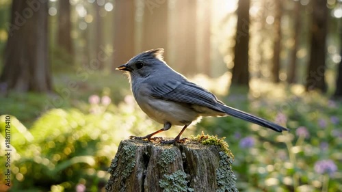 Cute gray Tufted Titmouse bird perched on a mossy tree stump in a sunlit forest environment