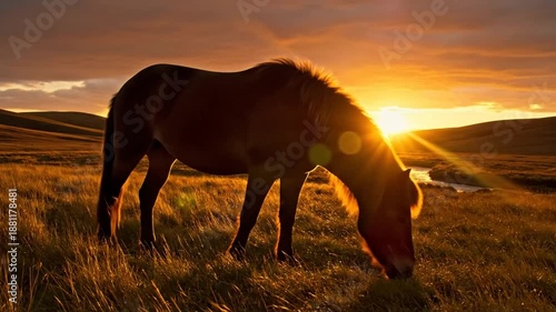 Wallpaper Mural Graceful horse grazing peacefully in a golden field at sunset, evoking a sense of tranquility and nature's beauty Torontodigital.ca