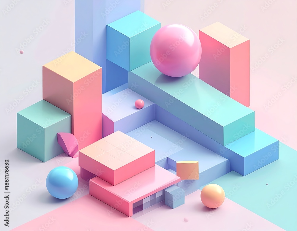 Fototapeta premium Flat isometric composition of geometric forms, visual depth with clean edges