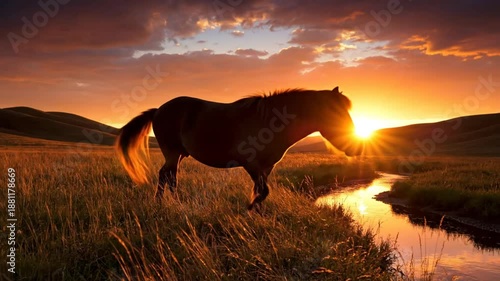 Wallpaper Mural Tranquil horse grazing in a golden field at sunset with a flowing river and scenic view of nature Torontodigital.ca
