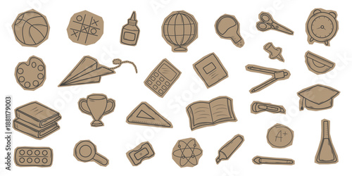 Doodle style collection of school and learning objects drawn on brown kraft paper patches. Vector illustration.