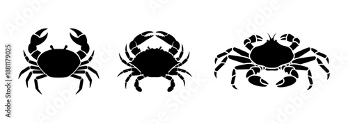 Black Crab Silhouettes Isolated on White Background, Set of Three