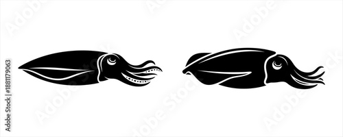 Two Silhouette Squid Icons on White Background Vector Illustration