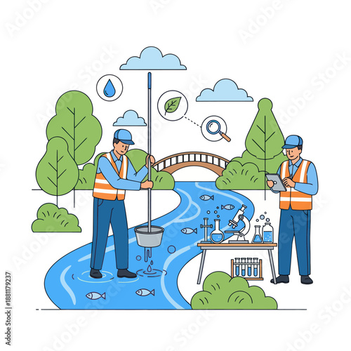 Water Quality Inspectors Sampling River Water.