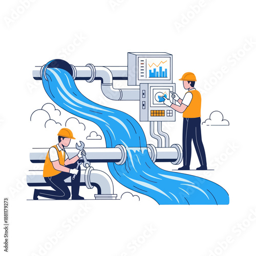 Industrial Workers Maintaining Water Pipeline System.