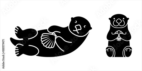 Charming black silhouette vector icons of playful sea otters, one holding a shell