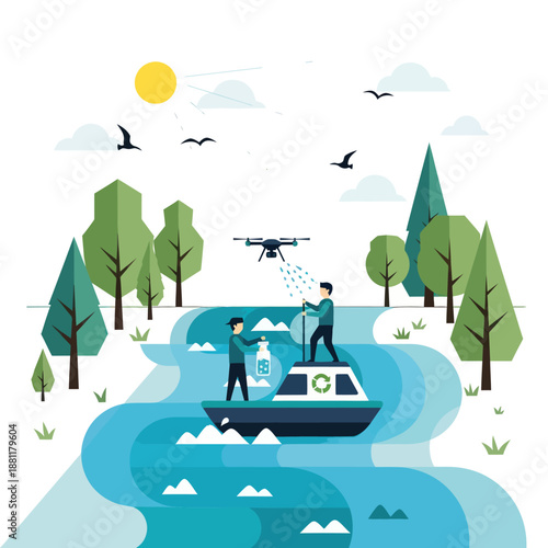 People on Boat with Drone Flying.