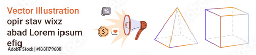 Education, geometry, communication, financial planning, marketing, and school materials. A megaphone with icons, a pyramid and a cube in outline style. Education and geometry highlighted