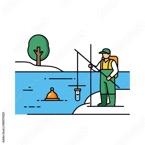 Fisherman Standing by Water with Fishing Rod.