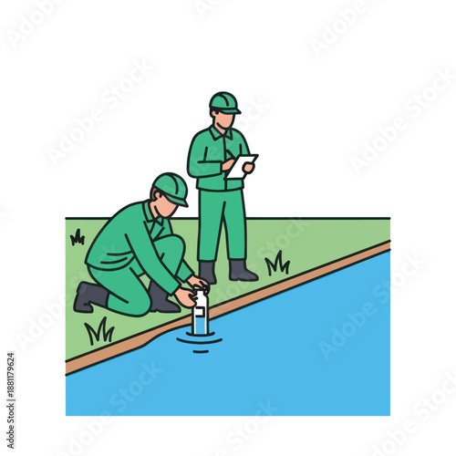 Two Workers Sampling Water from River.