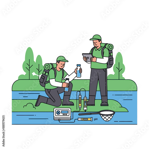 Two Men Inspecting Water Quality Near River.