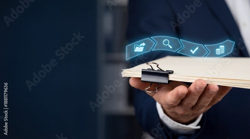 Header icons for organization paperwork, index, review administration approval authority, efficiency progress report, management audit, binder clip document to manage accounting checklist list