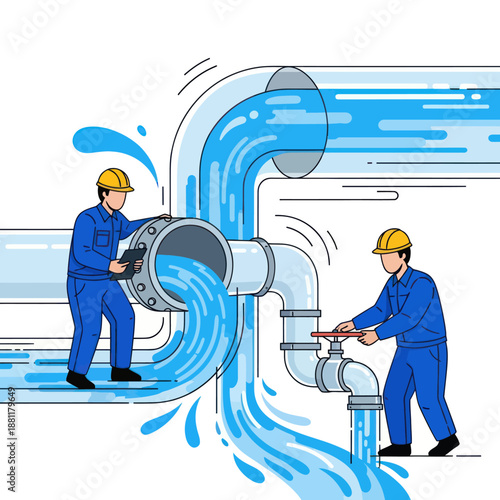 Workers Fixing Leaking Industrial Pipes.
