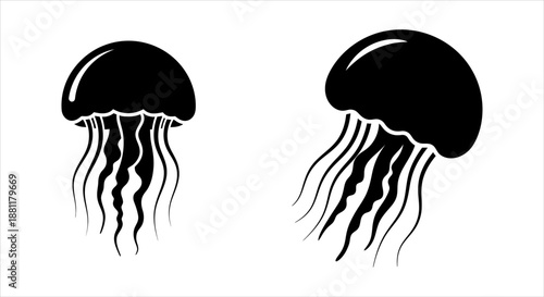 Two black jellyfish icons on a white background, simple and clean