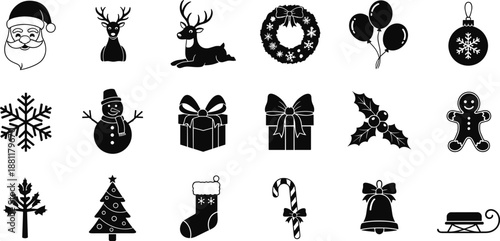 Christmas icons collection, holiday symbol artwork, festive design illustration, Santa Claus silhouette, reindeer concept, gift box style, celebration set