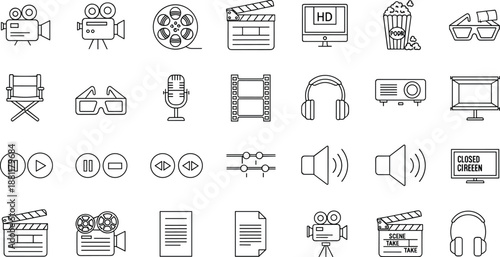 Film media icons, video production artwork, cinema symbol illustration, clapperboard design, camera concept, creative style, entertainment industry set