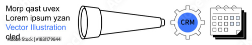 Business planning, CRM tools, workflow organization, scheduling, goal forecasting, data management. Telescope, gear with CRM text and calendar icons. Business planning and CRM tools concepts