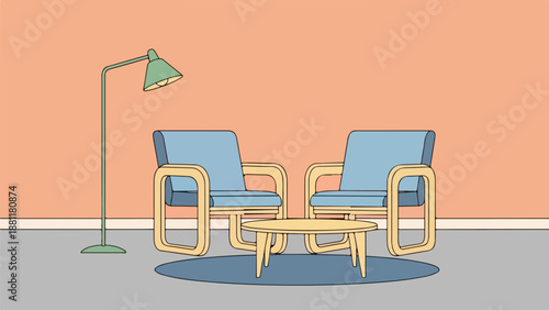 Modern interior with two blue armchairs, wooden coffee table, and green floor lamp