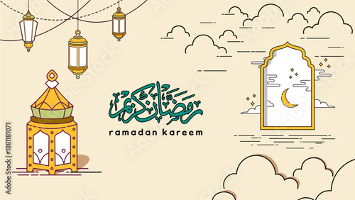 Ramadan Kareem line typography text with Islamic ornaments of crescent moon, eastern lantern and window, vector illustration for Muslim fasting month event poster design. Arabic translation: Ramadan K