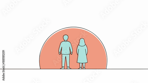 Minimalist illustration of a male and female figure standing side by side in light blue attire against a peach semi-circular backdrop