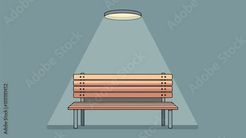 Solitary wooden bench with horizontal slats and sturdy legs against a soft muted blue backdrop