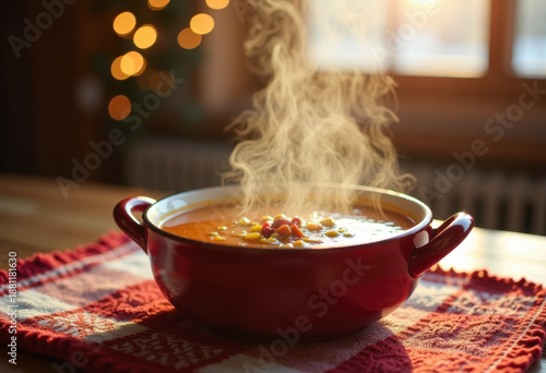 Hot soup bowl on wooden table with knitted tablecloth, steam rising, soft warm light — cozy winter comfort food