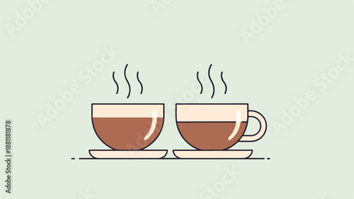 Minimalist line art illustration of two matching pinkish cups of coffee or tea on light saucers with steam