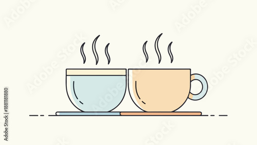 Minimalist line-art illustration of two beverage cups on a coaster with steam
