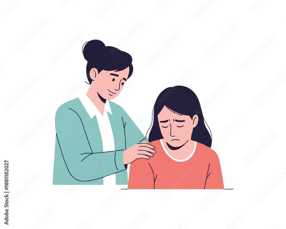 Obraz premium Woman comforting sad friend, empathy and mental health support, female psychology counseling, compassion concept, mother helping depressed daughter, emotional care, flat vector illustration