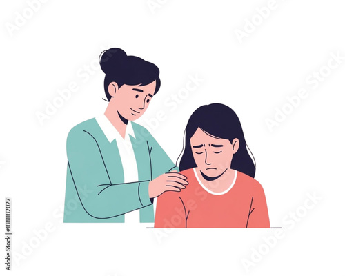 Woman comforting sad friend, empathy and mental health support, female psychology counseling, compassion concept, mother helping depressed daughter, emotional care, flat vector illustration