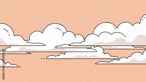 Minimalist illustration of layered cloud formations in a soft cartoon style with a peach and pink sky gradient