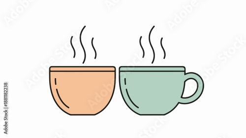 Two cups of hot beverage with peach and light green colors on a beige background