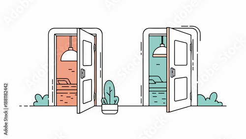 Two adjacent doorways revealing peach and teal-toned bedrooms with beds and hanging light fixtures