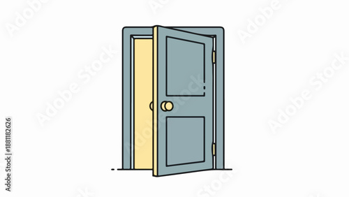 Minimalist illustration of a slightly ajar blue door with a warm yellow interior space