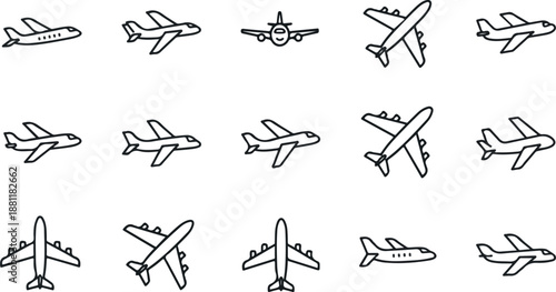 Multiple airplanes depicted in various orientations and views in a grid pattern on a white background