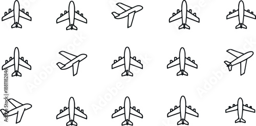 Multiple airplanes viewed from directly above or below against a white background in a grid pattern.