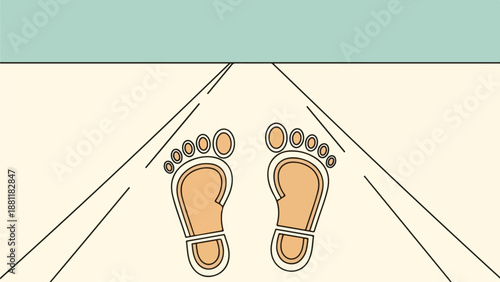 Minimalist illustration of bare feet with light brown skin tone on a split light blue and beige background