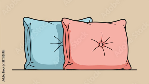 Two rectangular tufted pillows in light blue and pink on a beige background