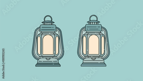 Pair of classic symmetrical metal lanterns with peach-toned glow on light blue background