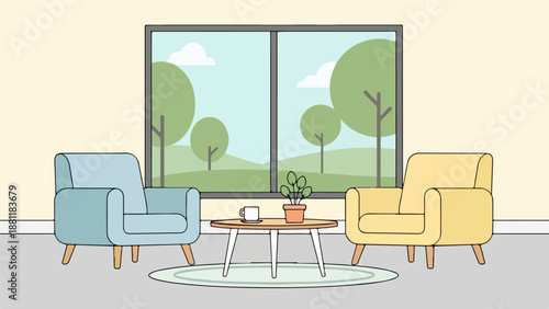 Cozy living room with armchairs, coffee table, and scenic window view