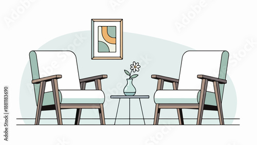 Mid-century modern living room with armchairs, table, and vase with a single flower