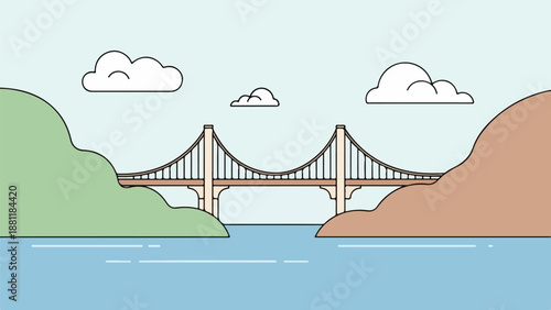 Suspension bridge illustration over calm blue water with green hills and pink sky
