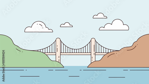 Suspension bridge spanning calm blue water with green and brown landmasses and a light sky