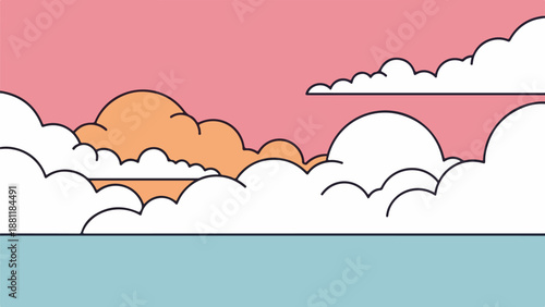 Vibrant illustration of a serene sky scene with pink sky, orange clouds, and blue horizon