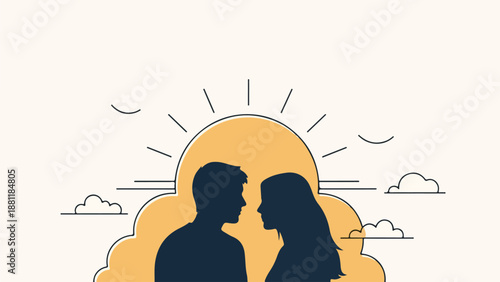 Minimalist illustration of a man and woman silhouettes against a radiant sun and soft cloud backdrop