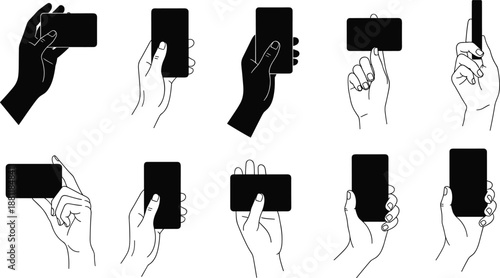 Hand holding device illustration, smartphone grip artwork, card silhouette design, ergonomic concept, gesture study, creative style, technology icon